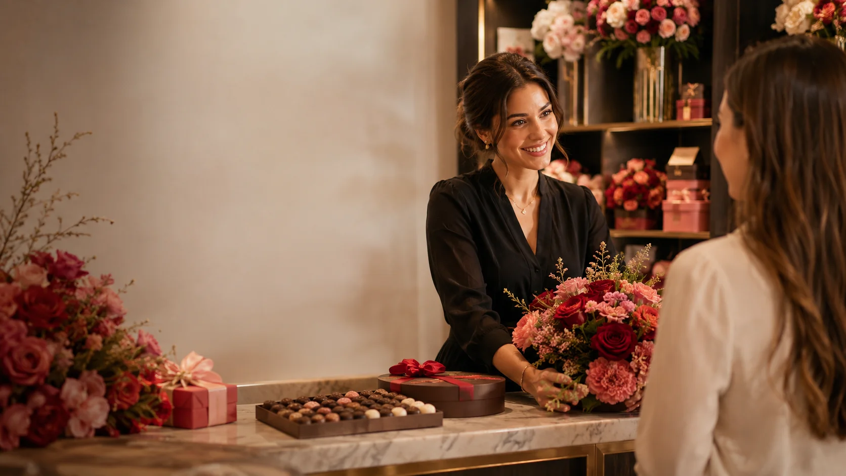 Nuestra florista asesorando a una clienta en la tienda