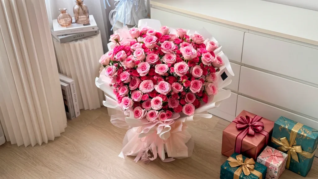 Ramo de rosas rosadas y rojas junto a cajas de regalo