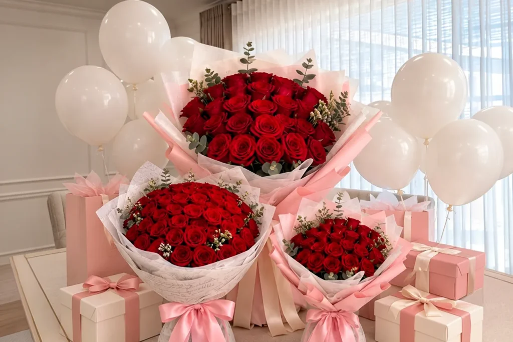 Bouquets de rosas rojas de diferentes tamaños con globos y regalos
