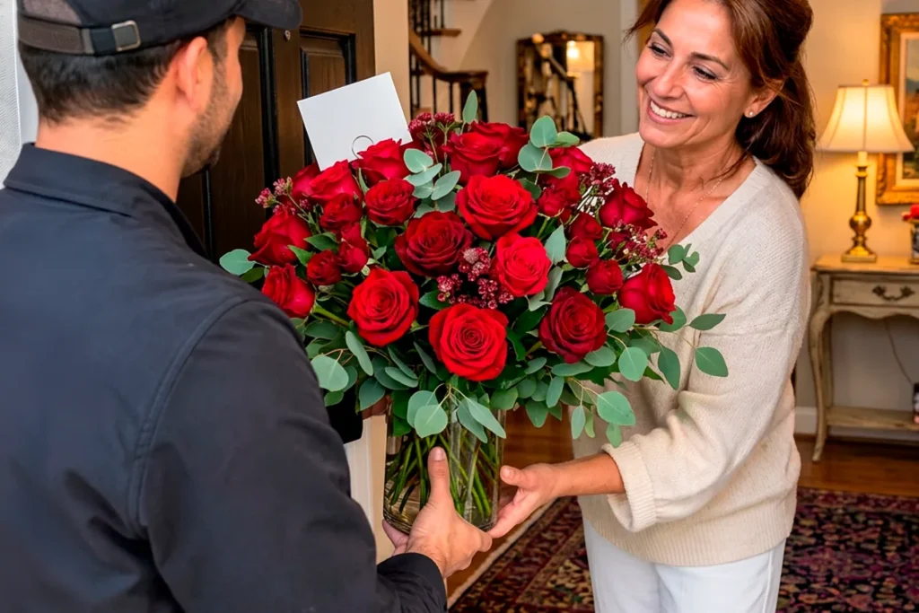 Domiciliario entregando un ramo de rosas rojas a una mujer en Medellín