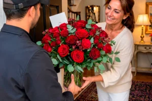 Domiciliario entregando un ramo de rosas rojas a una mujer en Medellín