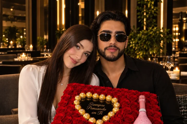Pareja celebrando su aniversario con una caja de rosas rojas, chocolates y champaña