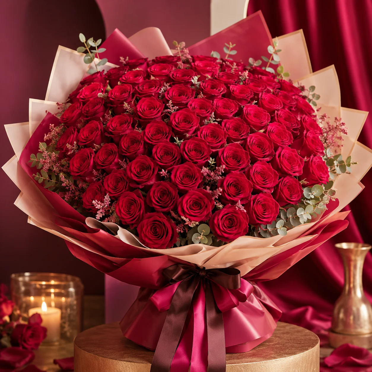 Imponente bouquet de 50 rosas rojas sobre una mesa dorada a la luz de las velas