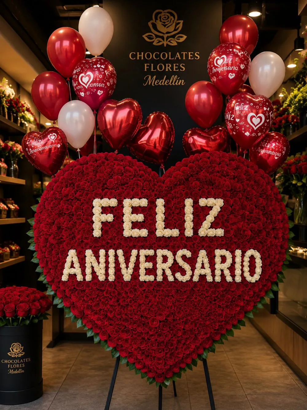Mega corazón de 1.100 rosas con mensaje Feliz Aniversario